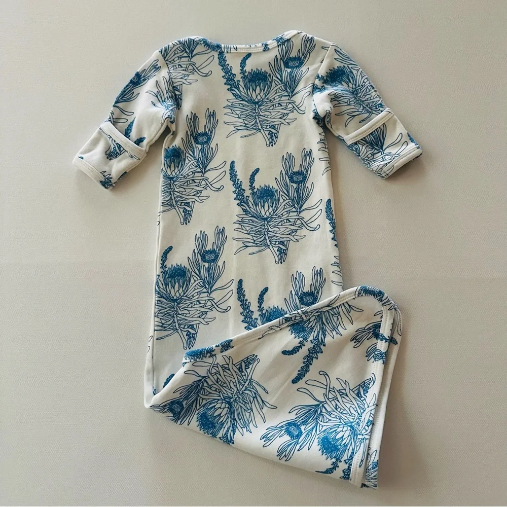 Kate Quinn 0-3 Months Baby Girl Blue White Floral Knot Nightgown Organic Cotton
